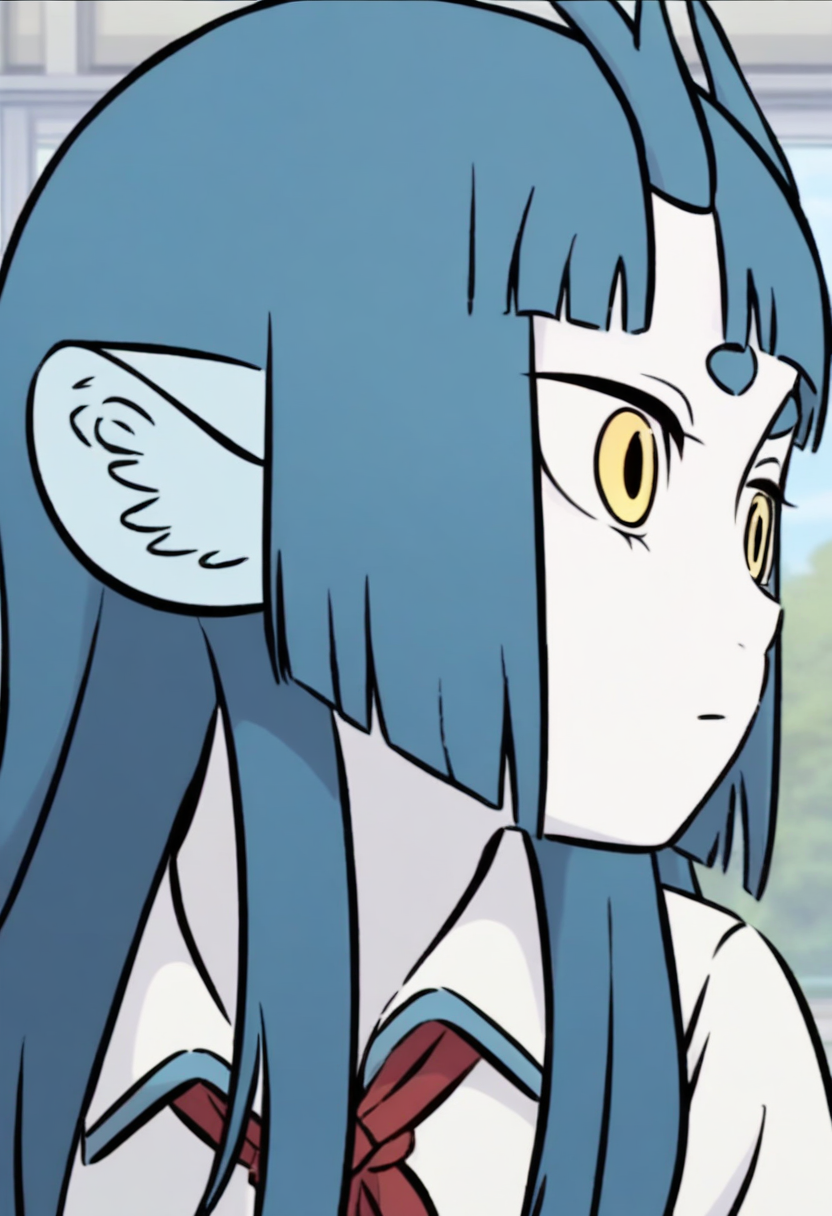 <lora:longnu:1>,longnu,1girl,horns,blue hair,long hair,blunt bangs,yellow eyes,short eyebrows,animal ears,white skin,
shirt,white shirt,school uniform,collared shirt,short sleeves,red neckerchief,, masterpiece,best quality,amazing quality,absurdres, anime screenshot,