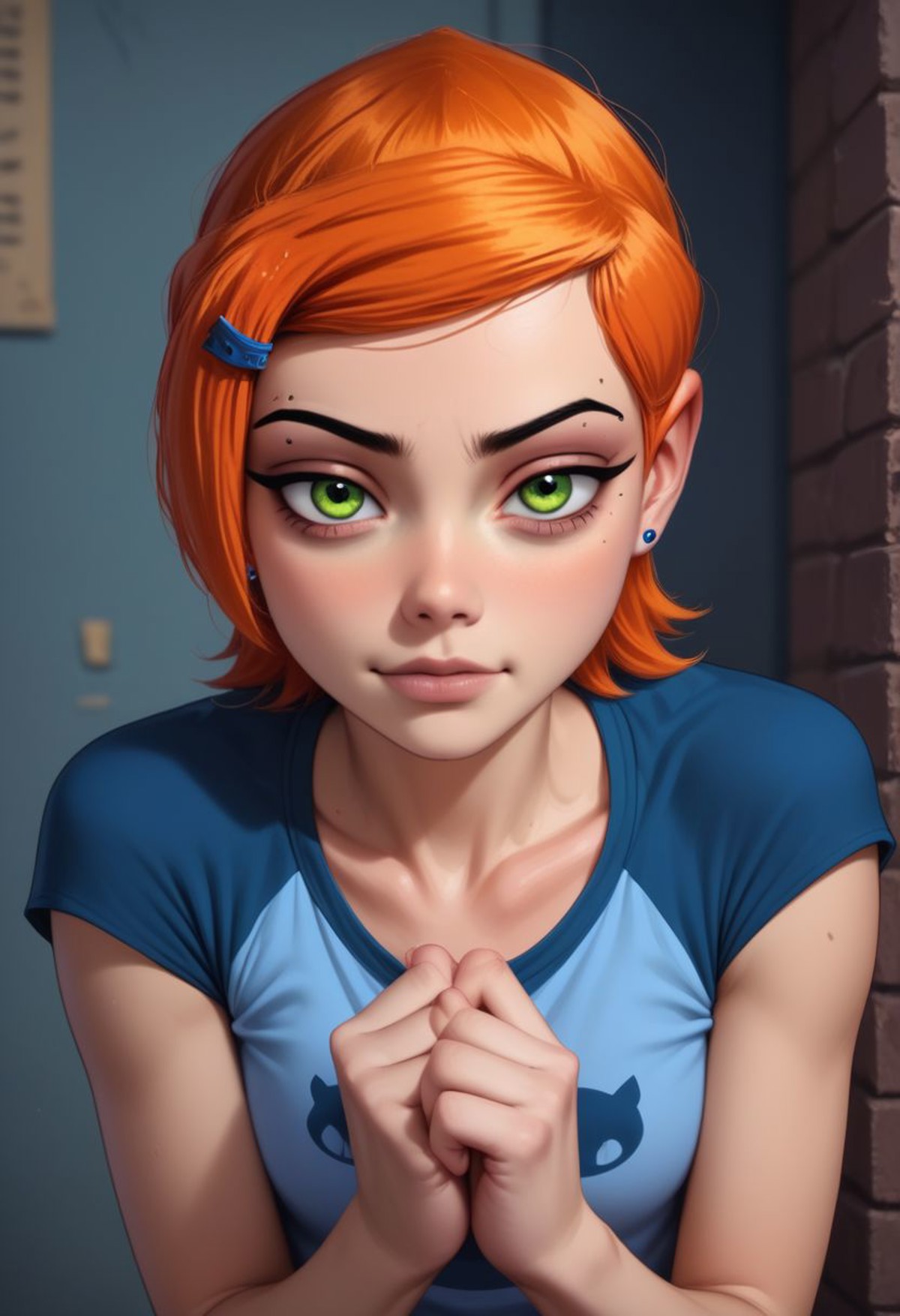 score_9, score_8_up, score_7_up, score_6_up, score_5_up, score_4_up, 1girl, slim, fit, realistic, beautiful eyes, gwen tennyson (/Ben10)/,(ultra HD quality details), bright orange hair, short hair, (green eyes), mouth opened, hiding, focusing on colorful beetle