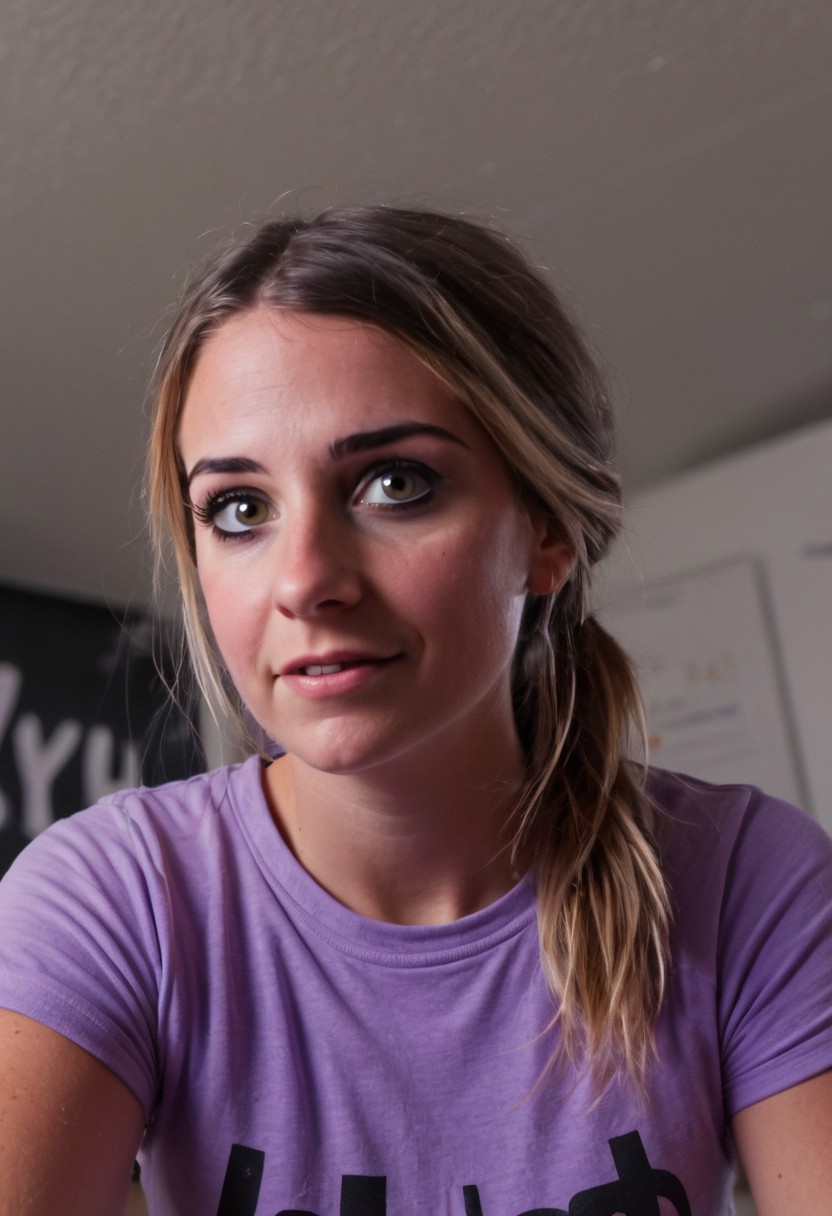 youtube girl H4Z3L6 talking to the camera about astrophysics, 1girl, solo, looking_at_viewer, realistic