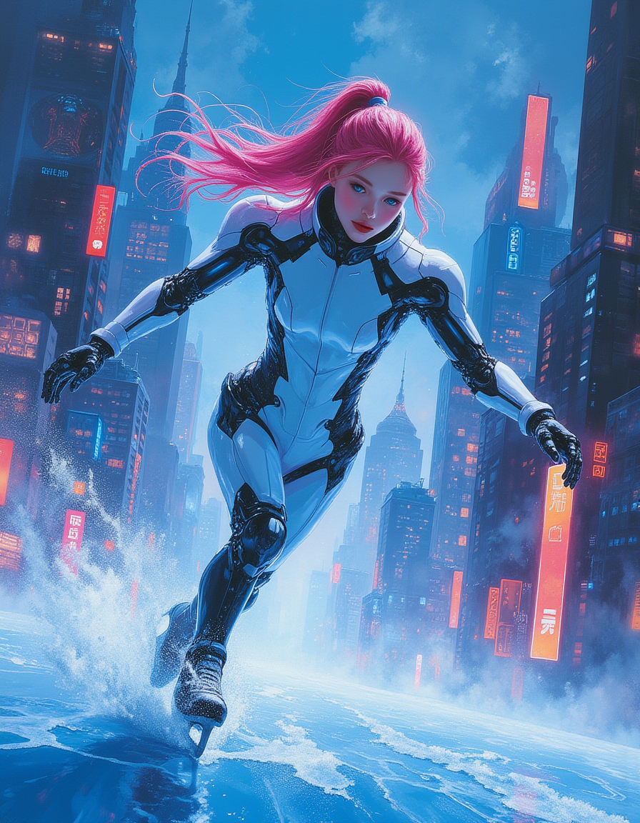 An oil painting of a young teen female andriod ice skater gracefully glides across an ice track on the roof of a mile-high skyscraper in a bustling Cyberpunk city. The neon lights of the cityscape below create a vibrant glow, reflecting off the skater's sleek, and her white futuristic outfit. Her bright pink hair is in a ponytail, her eyes are blue, and skin is the palest of white. Her arms, hands, and legs are cybernetic, a blue glow emanating from her joints.  Surrounding skyscrapers tower in the background, adorned with holographic advertisements and flying vehicles darting through the sky. The skater's movements are fluid and precise, a gleaming cyberpunk city as their backdrop.
Her looks are like fashion model's. Masterful painting, oil on canvas, Focus on the girl, shadow and light, Masterpiece, intricate lines, intriguing atmosphere, sharp magnificent details, delicate features, elaborate details, (2\3 rule composition:0.5), ultra detailed, romantic, Rembrandt lighting, brush stroke, lovely, del1cate_balance style, in the style of Rembrandt. vantablack <lora:style_of_Rembrandt_FLUX_135:.8> <lora:- Flux1 - vanta_black_V2.0:.6> <lora:Delicate_Balance:.3> <lora:neeeg_f1:-1> <lora:Midjourney_Whisper_Minimal:.3>