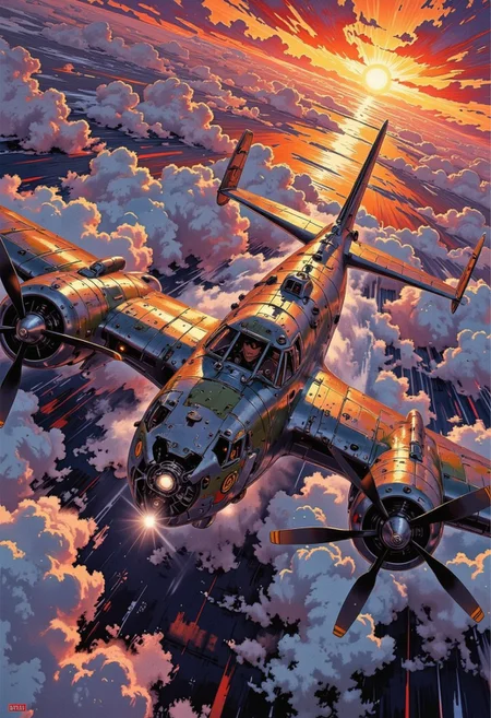 A hyper-detailed 2D illustrator art wallpaper captures the iconic B-27 bomber wandering through a vast, dramatic sky, exuding solitude and timeless power. The sleek, weathered fuselage, forged from dark alloy, reflects the subdued tones of a fiery orange and deep purple sky. The bomber’s iconic twin engines hum faintly, their massive propellers spinning steadily as the aircraft glides effortlessly through the endless expanse. Twin propeller wingspan the front,
Intricate paneling, rivets, and subtle weathering detail the body, telling stories of resilience. Its expansive wingspan casts faint shadows across swirling cloud layers below, while faint insignias hint at its storied past. The cockpit canopy catches a glint of light, adding a subtle human touch as the plane continues its solitary journey. Vivid vibrant color, dark mimic illustrator art.
The backdrop is a cinematic masterpiece of glowing horizons and swirling clouds, blending warm and cool tones. Radiant sunbeams break through, casting light and shadow across the bomber and sky. Rendered in ultra-realistic 32k resolution, this artwork masterfully balances nostalgia with modern illustration, capturing the haunting beauty of the B-27 in flight.