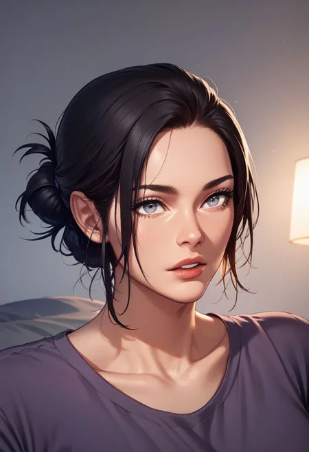 score_9, score_8_up, score_7_up, a1m333, woman, purple shirt, grey eyes, 45 yo, single hair bun, bedroom