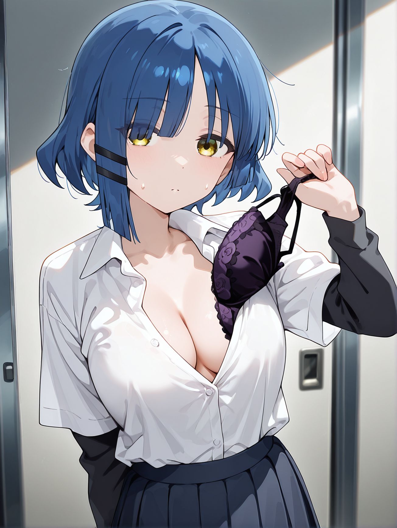 masterpiece, best quality, newest, absurdres, highres, detailed eyes, beautiful, detailed background, perfect eyes, anime coloring, anime screencap,
<lora:removing_bra_under_shirt:1>Taking_off_brav1,
1girl,breasts,
underwear,bra,solo,
taking off bra,
removing bra,
pulling off bra,
standing, 
BREAK
sweatdrop, 
yamada ryo, 
school uniform,  white shirt,  cleavage, 
bocchi the rock!, official art,