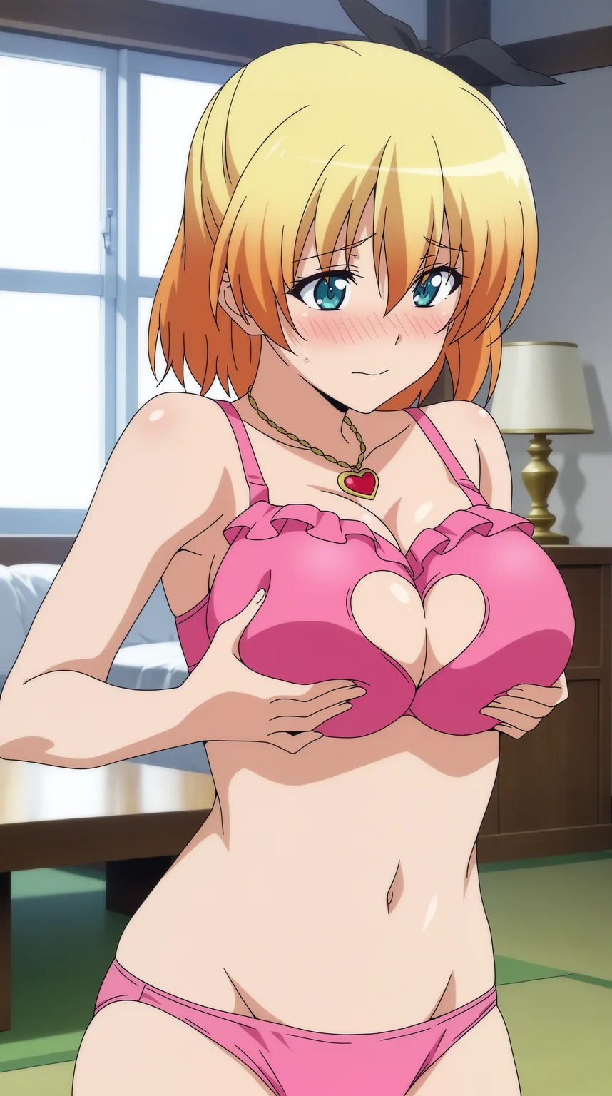 masterpiece, best quality, indoors, cinematic lighting, amazing quality, very aesthetic, absurdres, best quality, 4k, upscale, Iria Fukumune, solo, jewelry, underwear, panties, swimsuit, heart, bikini, necklace, bra, groin, clothing cutout, underwear only, pink bra, pink bikini, heart cutout, heart necklace, blush, hands on breasts, grab own breasts, <lora:JN_Iria_Fukumune_Illus:0.8>