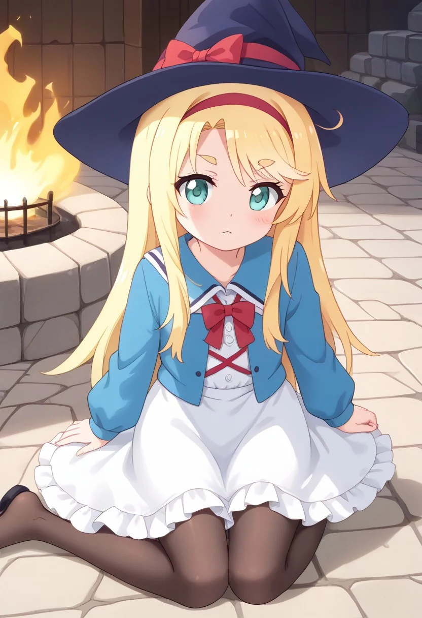 core_9, score_8_up, score_7_up,
BREAK source_anime, best quality, masterpiece, rating_safe, uncensored, High quality, 8k, Ultra detailed, insanely detailed, beautiful, prefect lighting, 1girl,
BREAK anime coloring, ahoge,long hair,blonde hair,hair bow,bow hairband,red hairband,thick eyebrows,parted bangs,aqua eyes,:3, small body, Short stature,
<lora:witch_Pony_V1.0:0.7> jyojifuku, witch, hat,dress, pantyhose,
BREAK (Cave, firewood, fire, water droplets, stone bed, rough floor,Cobblestone wall),