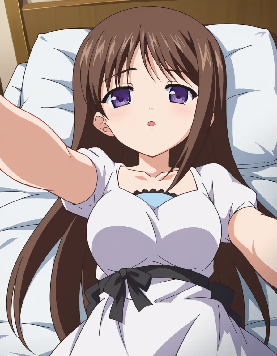 score_9, score_8_up, score_7_up, source_anime,
marinaakizuki, <lora:marina-akizuki-ponyxl-lora-nochekaiser:1>
marina akizuki, long hair, brown hair, purple eyes,
dress, ribbon, collarbone, short sleeves, white dress,
indoors, bed, bed room, on back, arm support, arms up, incoming hug, pov, reaching, reaching towards viewer,
looking at viewer, dutch angle, cowboy shot,