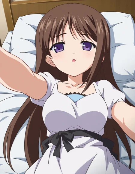 score_9, score_8_up, score_7_up, source_anime,
marinaakizuki, <lora:marina-akizuki-ponyxl-lora-nochekaiser:1>
marina akizuki, long hair, brown hair, purple eyes,
dress, ribbon, collarbone, short sleeves, white dress,
indoors, bed, bed room, on back, arm support, arms up, incoming hug, pov, reaching, reaching towards viewer,
looking at viewer, dutch angle, cowboy shot,