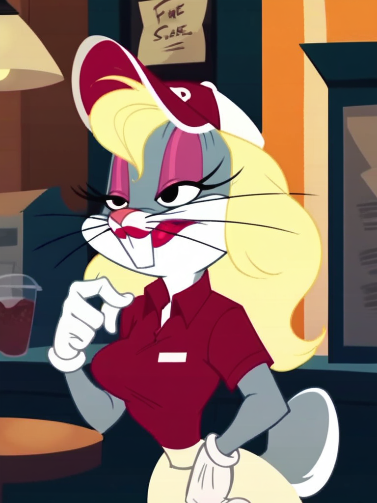 score_9, score_8_up, score_7_up, score_6_up, score_5_up, score_4_up, becky_bunny, 1girl, solo, breasts, gloves, skirt, red polo shirt, hat, makeup, unique view, indoor, cafe, <lora:beckybunny-v1:0.8>