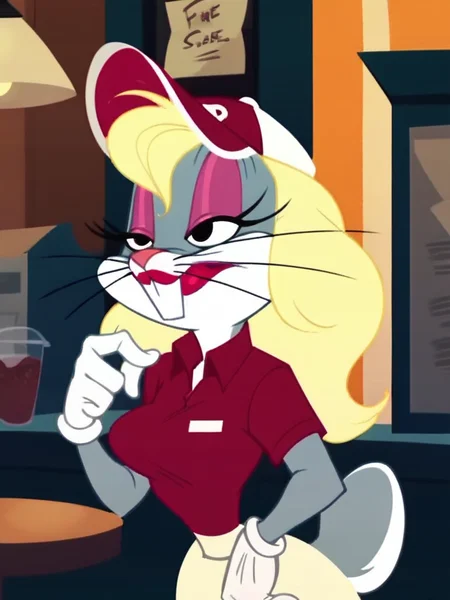 score_9, score_8_up, score_7_up, score_6_up, score_5_up, score_4_up, becky_bunny, 1girl, solo, breasts, gloves, skirt, red polo shirt, hat, makeup, unique view, indoor, cafe, <lora:beckybunny-v1:0.8>