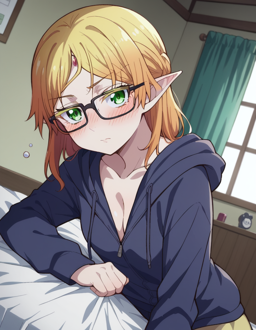 score_9, score_8_up, score_7_up, source_anime,
tsundereelf, <lora:tsundere-elf-s1-ponyxl-lora-nochekaiser:1>,
tsundere elf, medium hair, blonde hair, green eyes, glasses, pointy ears, elf, black-framed eyewear,
cleavage, hood, hoodie, hood down, collarbone, small breasts,
indoors, bed, bed room, on side, blush, drunk,
looking at viewer, cowboy shot, dutch angle,