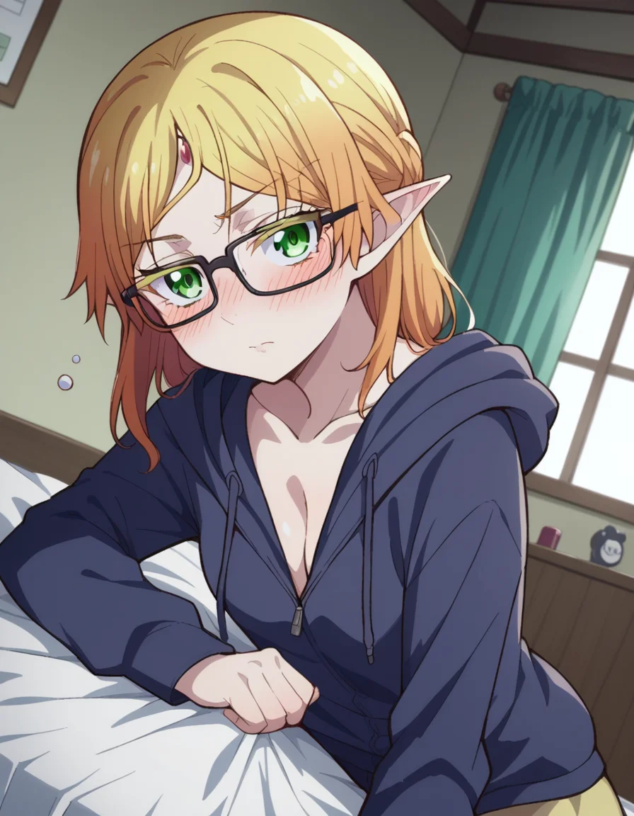 score_9, score_8_up, score_7_up, source_anime,
tsundereelf, <lora:tsundere-elf-s1-ponyxl-lora-nochekaiser:1>,
tsundere elf, medium hair, blonde hair, green eyes, glasses, pointy ears, elf, black-framed eyewear,
cleavage, hood, hoodie, hood down, collarbone, small breasts,
indoors, bed, bed room, on side, blush, drunk,
looking at viewer, cowboy shot, dutch angle,