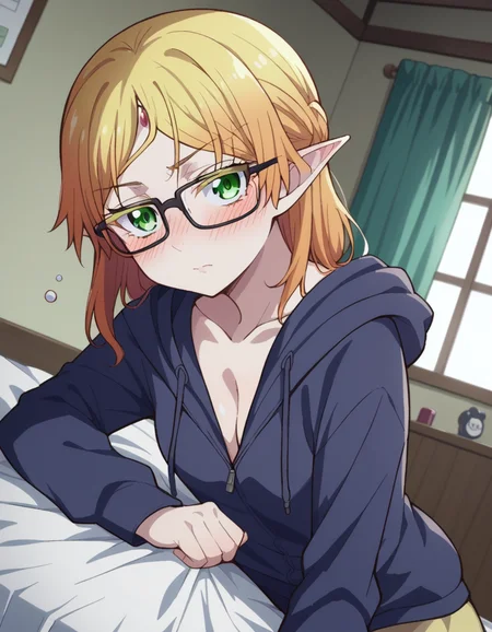 score_9, score_8_up, score_7_up, source_anime,
tsundereelf, <lora:tsundere-elf-s1-ponyxl-lora-nochekaiser:1>,
tsundere elf, medium hair, blonde hair, green eyes, glasses, pointy ears, elf, black-framed eyewear,
cleavage, hood, hoodie, hood down, collarbone, small breasts,
indoors, bed, bed room, on side, blush, drunk,
looking at viewer, cowboy shot, dutch angle,