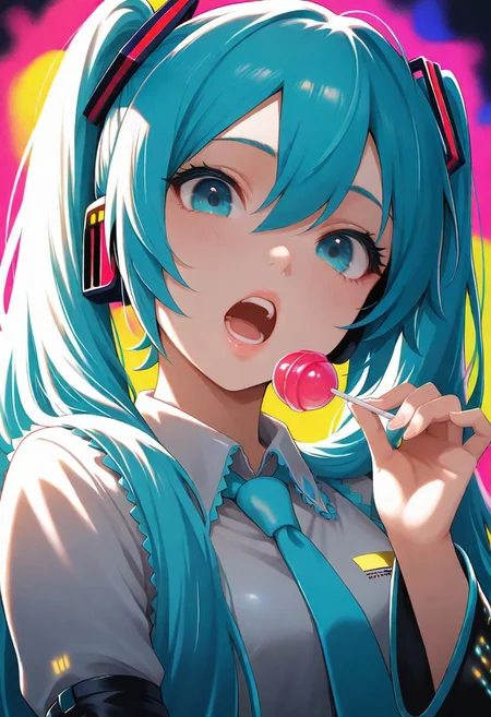 1girl, hatsune_miku, teeth, lips, thin lips, solo, looking at viewer, open mouth, holding lollipop, chupa chups, upper body, from below, back lighting, dark, multicolored background, masterpiece, best quality, very aesthetic