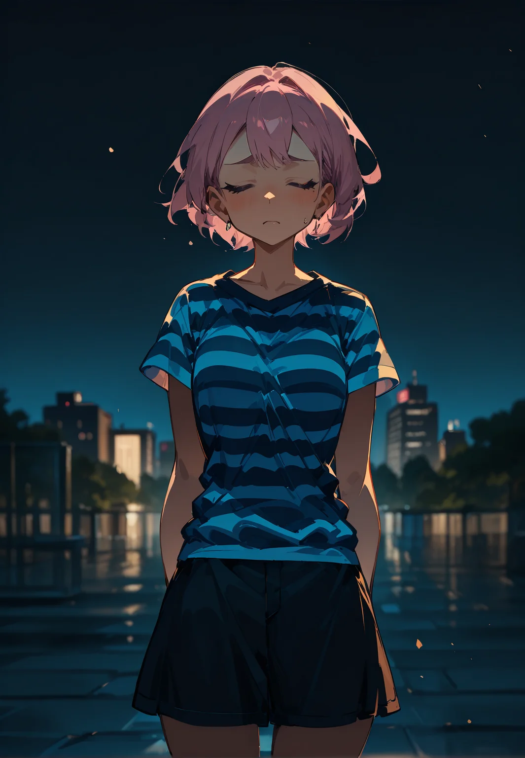 1girl, milf, pink hair, short hair,
BREAK 1girl, cowboy shot, dynamic angle, facing viewer, sad,
BREAK Striped Shirt Short Sleeve, Short Short Skirt, upstage, outdoors, Idol, singer, negative space, blurry background,
BREAK general, masterpiece, best quality, absurdres, highres, newest, <lora:Alcedinidae_v1.2:0.8>