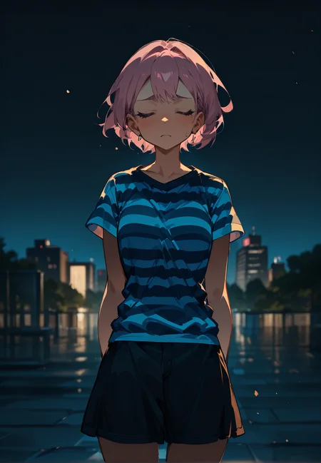 1girl,  milf, pink hair,  short hair,          
BREAK  1girl,  cowboy shot, dynamic angle, facing viewer,   sad,      
BREAK                    Striped Shirt Short Sleeve, Short Short Skirt,  upstage, outdoors, Idol, singer,   negative space,   blurry background, 
BREAK general, masterpiece, best quality, absurdres, highres, newest, <lora:Alcedinidae_v1.2:0.8>