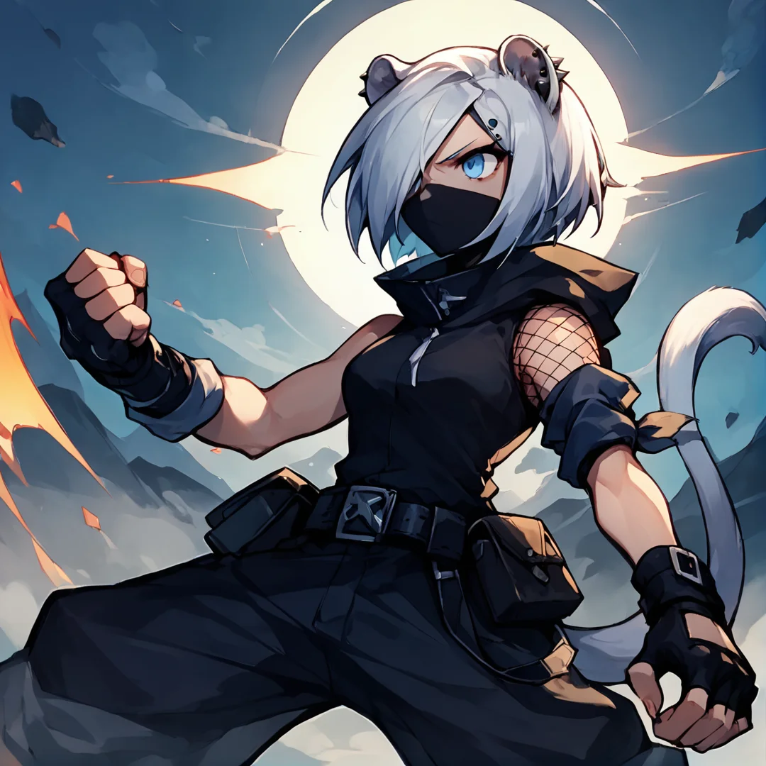 anime artwork Masterpiece, high quality, score_9, score_8_up, score_7_up, 1girl, cowboy shot, pose, fighting stance, looking ahead, serious, perspective, battlefield, akshirayuki, weasel ears, white tail, blue eyes, white hair, hair over one eye, ear piercing, shirayubase, fishnet shoulders, black mask, no mouth, wide collar, hood down, black shirt, black gloves, fingerless gloves, sleeveless, single arm warmer, black pants, rolled up pants, belt accessory, belt pouch <lora:Shirayuki v5-000011:0.8> . anime style, key visual, vibrant, studio anime, highly detailed