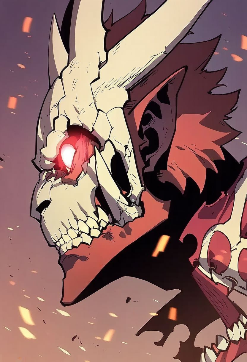 score_9,score_8_up,score_7_up,score_6_up, easynegative, Magnus_PS, red eyes, no humans, 1boy, from side, glowing eyes, skull, male focus, epiCPhoto