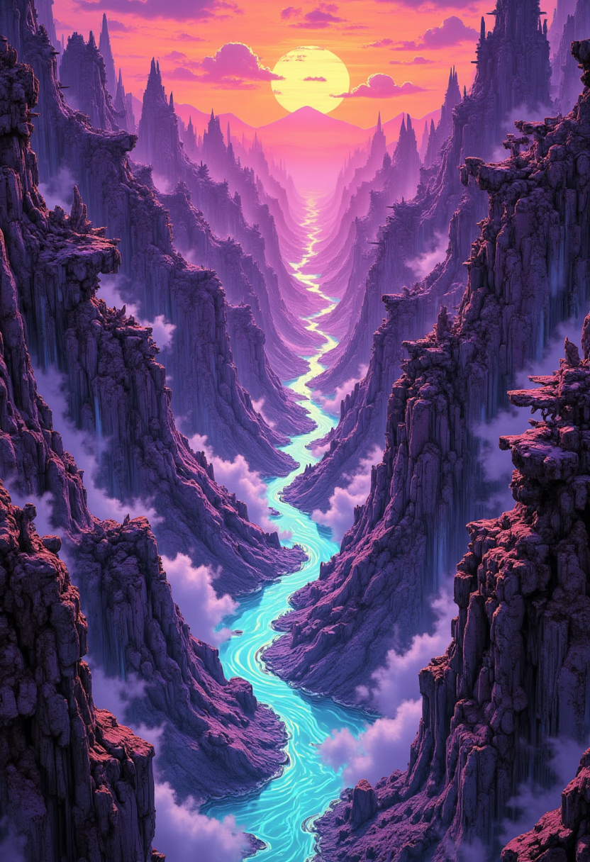 Japanese Manga style Poster, High-altitude aerial vista, labyrinthine canyon with floating, rugged rock formations and a glass-like river winding through phosphorescent hues. Surreal, alien terrain under dramatic, atmospheric twilight featuring intricate textures and vast scale. Nebular purples, deep oranges, and vivid neon accents merge in a celestial panorama as diffused beams of light pierce swirling mists. Fragmented, ancient structures emerge along canyon walls, accentuating the mysterious spatial dynamics. Advanced quality render, 8K resolution, masterpiece level detail, cinematic framing, intricate textures, evocative color palette, and dynamic interplay of shadow and light, emphasizing a grand, expansive composition.