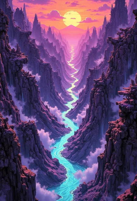 Japanese Manga style Poster, High-altitude aerial vista, labyrinthine canyon with floating, rugged rock formations and a glass-like river winding through phosphorescent hues. Surreal, alien terrain under dramatic, atmospheric twilight featuring intricate textures and vast scale. Nebular purples, deep oranges, and vivid neon accents merge in a celestial panorama as diffused beams of light pierce swirling mists. Fragmented, ancient structures emerge along canyon walls, accentuating the mysterious spatial dynamics. Advanced quality render, 8K resolution, masterpiece level detail, cinematic framing, intricate textures, evocative color palette, and dynamic interplay of shadow and light, emphasizing a grand, expansive composition.