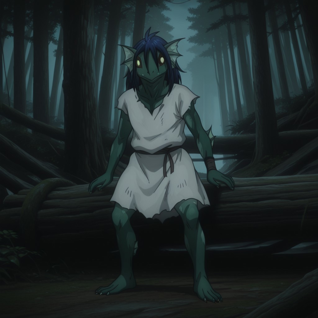 masterpiece, best quality, amazing quality, FishmanslfIL, anthro, green skin, blue hair, head fins, black sclera, yellow eyes, torn clothes, white tunic, standing, in a forest, full body