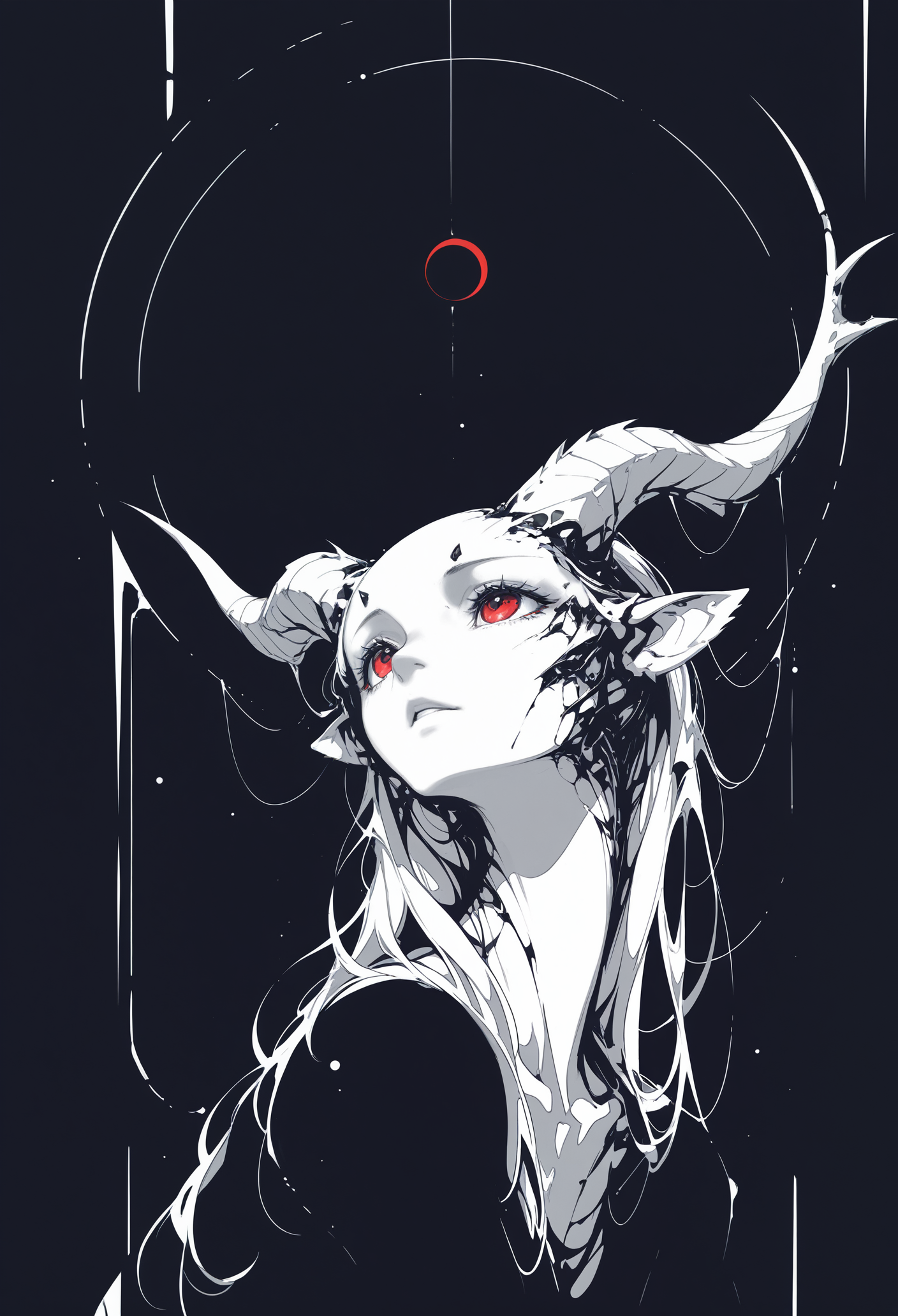masterpiece, best quality, newest, highres, absurdres,focused subject,no lineart, no outline, solo, red eyes, horns, no humans, looking up, (monochrome, negative space,blending),mid air,three quarter view