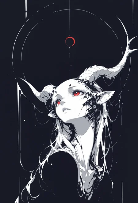 masterpiece, best quality, newest, highres, absurdres,focused subject,no lineart, no outline, solo, red eyes, horns, no humans, looking up, (monochrome, negative space,blending),mid air,three quarter view