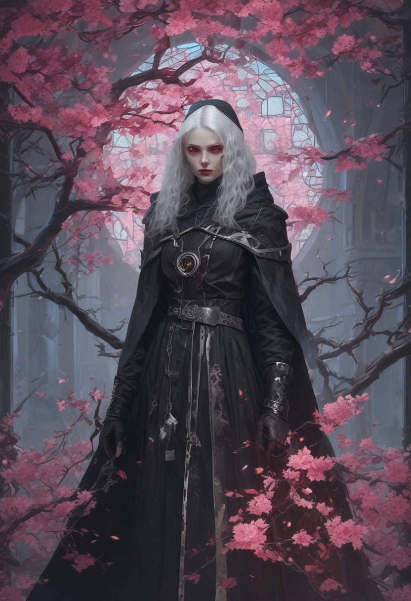 A fierce and enigmatic nun stands in a dimly lit, mystical environment surrounded by glowing flowers and an ethereal light. She has long silver hair and intense, glowing pink eyes. Her attire is a combination of dark gothic and futuristic elements, featuring a hooded black cloak with intricate details, leather straps, and metal ornaments. She wields a large, glowing staff with sharp, menacing designs. The background is adorned with a large halo-like light and gothic architecture, adding to the mystical and powerful atmosphere. The overall scene is highly detailed and captures the essence of a dark, mystical warrior nun. (masterpiece: 2), best quality, ultra highres, original, extremely detailed, perfect lighting, perfect face,dark nun