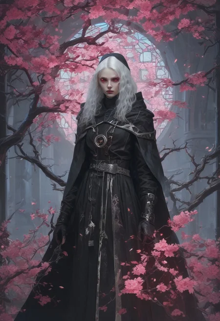 A fierce and enigmatic nun stands in a dimly lit, mystical environment surrounded by glowing flowers and an ethereal light. She has long silver hair and intense, glowing pink eyes. Her attire is a combination of dark gothic and futuristic elements, featuring a hooded black cloak with intricate details, leather straps, and metal ornaments. She wields a large, glowing staff with sharp, menacing designs. The background is adorned with a large halo-like light and gothic architecture, adding to the mystical and powerful atmosphere. The overall scene is highly detailed and captures the essence of a dark, mystical warrior nun. (masterpiece: 2), best quality, ultra highres, original, extremely detailed, perfect lighting, perfect face,dark nun
