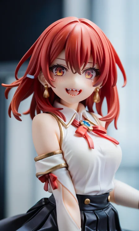 1girl,solo,jewelry,skirt,red hair,earrings,red eyes,sharp teeth,bare shoulders,black skirt,shirt,looking at viewer,bridal gauntlets,breasts,teeth,smile,white shirt,sleeveless,pleated skirt,hair between eyes,sleeveless shirt,ribbon,blush,detached sleeves,bangs,medium hair,open mouth,ring,, , score_9,score_8_up,score_7_up,source_anime,photo background,the real background,