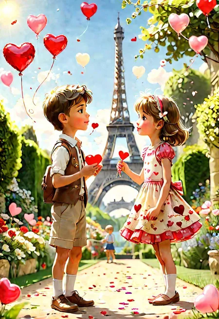 postcard, a little boy gives a little girl a Valentine, in a beautiful garden (holding ((Valentine)), heart) kiss, summer short miniskirt, Paris, Eiffel Tower, Sunny day, detailed faces, lens focus on face, heart-shaped balloons, flying particles, blurred background, depth of field, ultra quality, 8k, floral dress, floral dress, on parchment