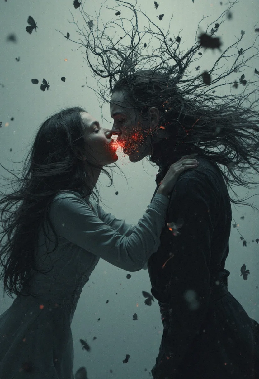 Whispering static, hyper-realism, dutch angle, Soft Sea Foam, Charcoal Midnight Gray, dancing, reaching out, desperation, surrealism, cracked light, Blazing Sunset Red, chiaroscuro lighting