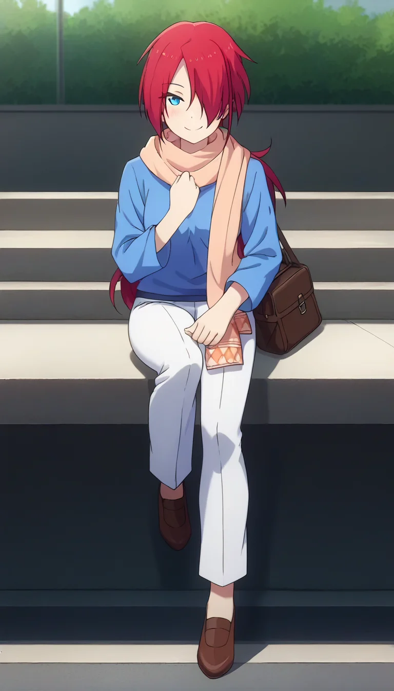 score_9,score_8_up,masterpiece,best quality,correct anatomy,anime_source,1girl,solo,perfect eyes,perfect arms,perfect legs,perfect face,outdoors,upper body,(portrait:1.5),looking at viewer,facing viewer,smile,blush,Sara Shen,long hair,red hair,low ponytail,sidelocks,parted bangs,hair over one eye,blue eyes,scarf,blue sweater,long sleeves,medium breasts,white pants,brown footwear,<lora:Sara Shen(cl)-Pony:1.6>,