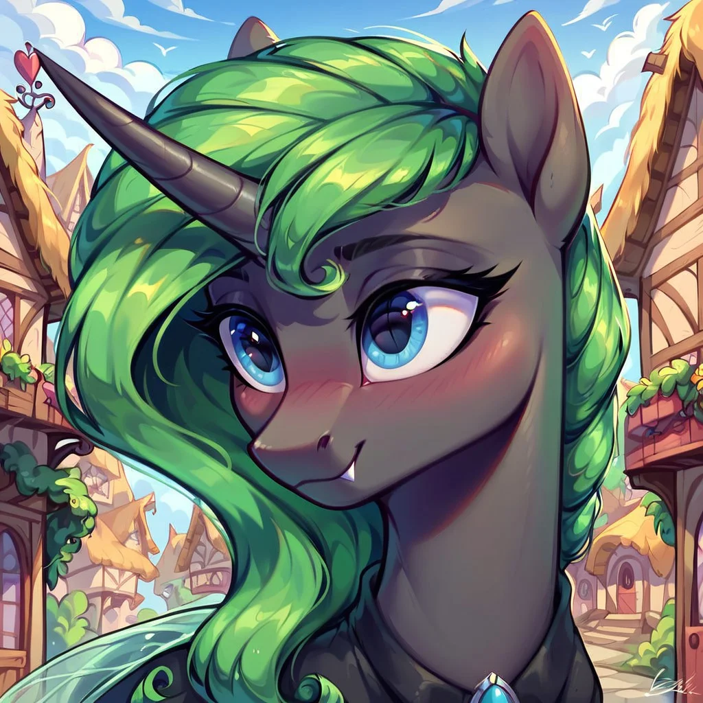 masterpiece, score_9, score_8_up, score_7_up, (best quality:1.1), ultra-detailed, high resolution, solo, Aurantia, changeling queen oc, mlp, feral, black skin, (long mint-green mane, tail), (((beautiful detailed dark blue eyes))), long eyelashes, single horn, ears, Insect wings, black coat, detailed clothing, fang, highly detailed macro illustration, smiling, blushing, mlp, outside, Highly Visible, (((8k))), sharp focus, perfect lighting, anatomically correct, extremely detailed, shine on body, (Pony town), high detail, cute face, Expressiveh, detailed background, OverallDetail, zPDXL2,