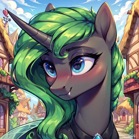 masterpiece, score_9, score_8_up, score_7_up, (best quality:1.1), ultra-detailed, high resolution, solo, Aurantia, changeling queen oc, mlp, feral, black skin, (long mint-green mane, tail), (((beautiful detailed dark blue eyes))), long eyelashes, single horn, ears, Insect wings, black coat, detailed clothing, fang, highly detailed macro illustration, smiling, blushing, mlp, outside, Highly Visible, (((8k))), sharp focus, perfect lighting, anatomically correct, extremely detailed, shine on body, (Pony town), high detail, cute face, Expressiveh, detailed background, OverallDetail, zPDXL2,