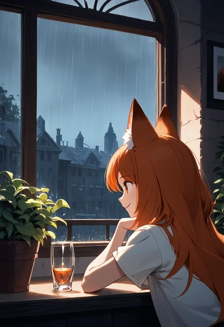score_9, score_8_up, score_7_up,soft shadows,rating_safe, dark,night,cloudy, rain, heavy-rain BREAK
1girl, fox girl, orange hair, arm rest, bent over, upper body, far shot, leaning against window, character inside building, smile, glass window, plant, looking towards window, from behind
<lora:Pony_DetailV2.0:1.0> <lora:Rain (pony) v1:1>