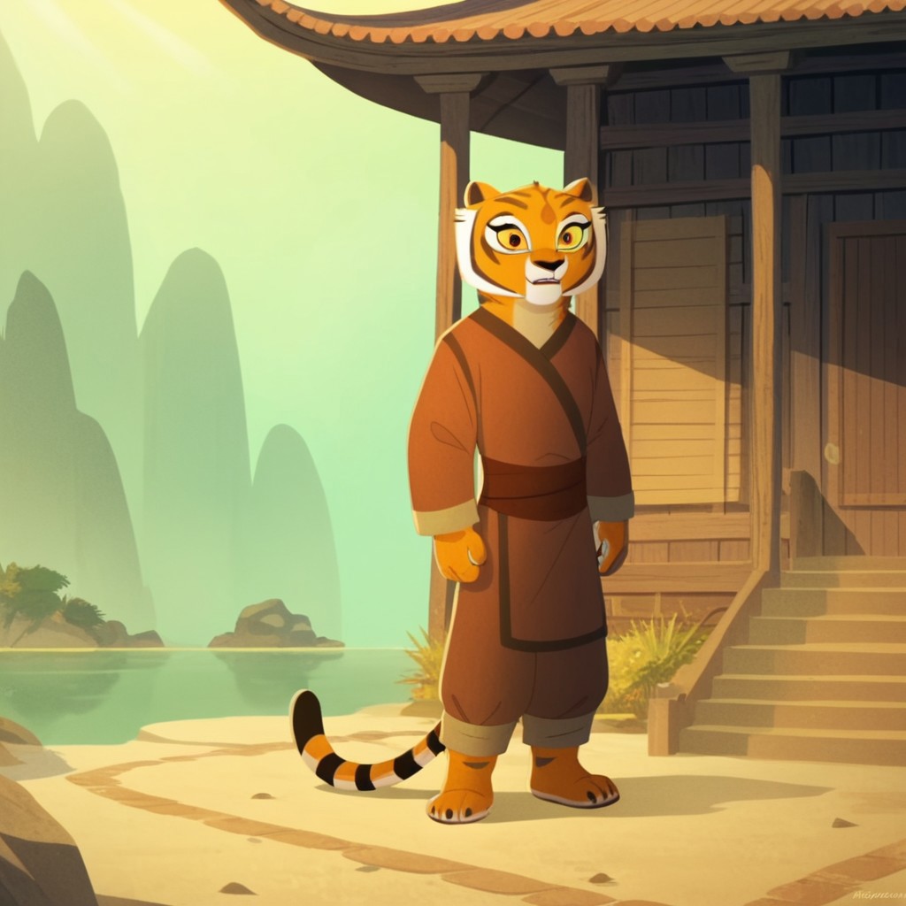 score_9, score_8_up, score_7_up, score_6_up, score_5_up, score_4_up, source_furry, tigresskfpv2, anthro, female, tiger, orange fur, barefoot, outside,  solo, 1girl, yellow sclera, orange eyes,
