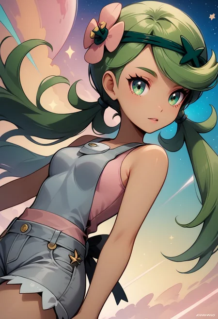 score_9, score_8_up, score_8, medium breasts, (curvy), cute, eyelashes, rating_safe,
BREAK,
zzMallow, green hair, green eyes, hair flower, hair ornament, grey overalls, pink shirt, sleeveless, grey shorts,
BREAK,
dynamic angle, stars, floating, colorful, pink, blue eyes, black bow, from side, on back, spaceship, technological,
zPDXL,