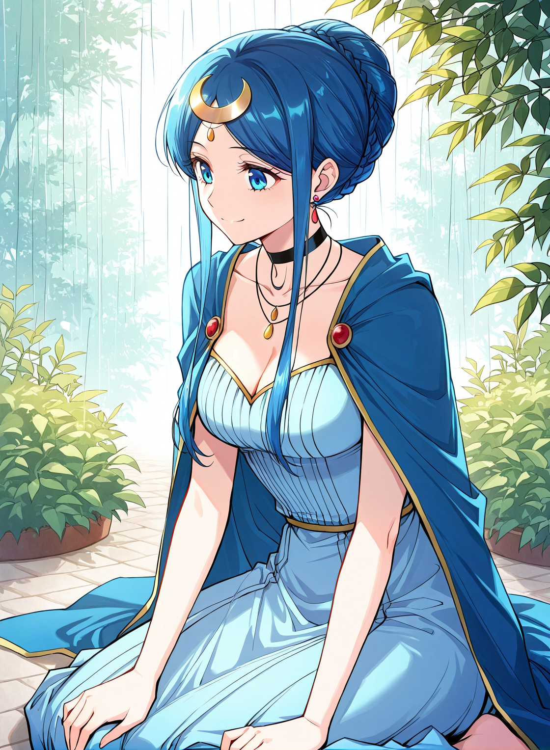 <lora:Qin_Ruxue:1>
1 girl, solo, blue hair, blue eyes, bangs, single hair bun, braid
blue dress, jewelry, earrings, hair ornament, black choker, cleavage, sidelocks, crescent hair ornament, bracelete, necklace, blue cape, collarbone
score_9, score_8_up, score_7_up, very aesthetic, source_anime, detailed, high quality, beautiful, detailed eyes, masterpiece, best quality, absurdres, perfect anatomy, 1girl, solo, wariza, sitting, hands on own knees, garden background, charming smile, rain