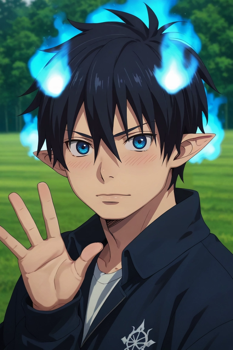 score_9, score_8_up, score_7_up, source_anime, rating_safe, intricate details, (3d:0.4), , depth of field, 1boy, solo, male focus, <lora:rin_okumura_pony:1>, rin_okumura, black hair, blue eyes, short hair, hair between eyes, pointy ears, tail, blue fire, symmetry, field, dark, waving, embarrassed, nose blush, , <lora:sdxl_lightning_8step_lora:1>