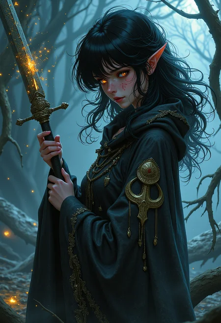 Close-Up View, Horror-Tinged Dark Fantasy Style, Witchbound maiden with obsidian-black hair and wind-tousled bangs, standing amidst swirling voidlight as if conjuring ancient secrets from the very fabric of reality. She wears a tattered cloak embroidered with symbols of blighted faith, its hem fluttering in the breeze carrying the scent of decay. Her eyes burn with an otherworldly intensity, surrounded by crescent-shaped scars that seem to shimmer with a faint, malevolent glow. In one hand, she grasps the hilt of a sword whose blade appears to be crafted from the very essence of time itself, shattered by el, modernretroanime