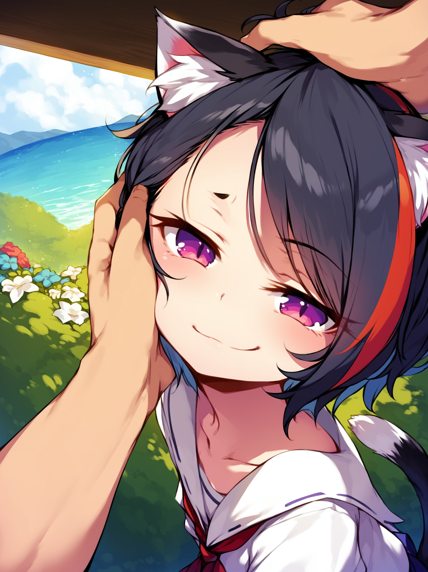 score_8_up, score_7_up, score_6_up, best quality, masterpiece, sfw, source_anime, by ke-ta
BREAK
1girl, male pov, smug, headpat, hand on another's head, cat ears, cat tail, streaked hair, standing, outdoors, detailed background
<lora:ke-ta_pony_v2-000010:1>