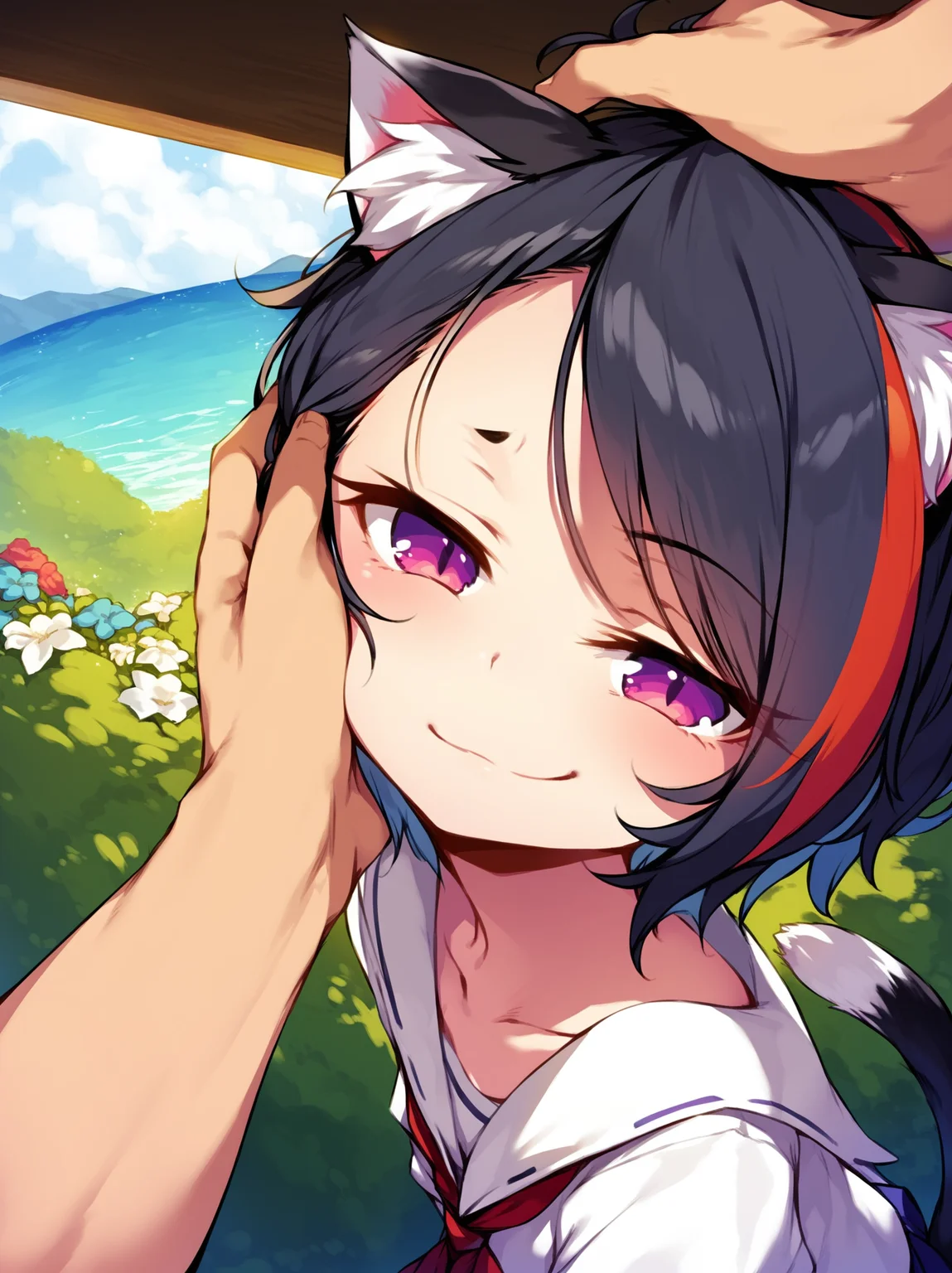 score_8_up, score_7_up, score_6_up, best quality, masterpiece, sfw, source_anime, by ke-ta
BREAK
1girl, male pov, smug, headpat, hand on another's head, cat ears, cat tail, streaked hair, standing, outdoors, detailed background
<lora:ke-ta_pony_v2-000010:1>