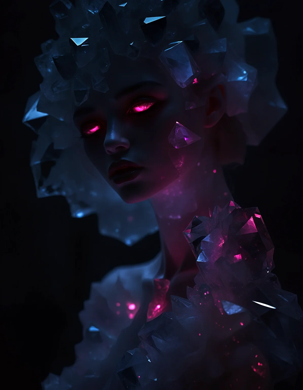 rp_slgd, 1girl, the fragile allure of eternal crystalized beauty, dramatic, dark background <lora:zzz_trained\xl_rpr_soulgemmed_v1>