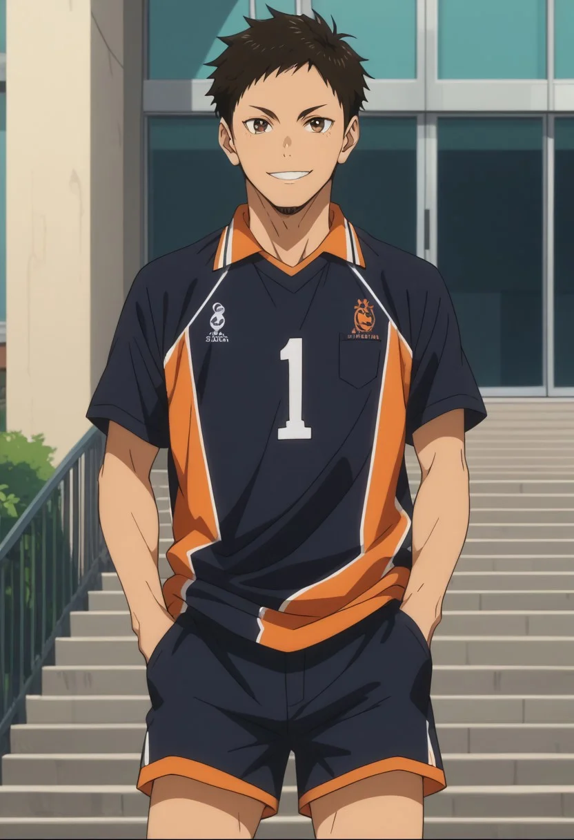 score_9, score_8_up, score_7_up, source_anime, rating_safe, Daikyu, 1boy, male focus, anime screencap, black Karasuno shirt, black Karasuno shorts, hands in pocket, smile, standing-posing, cut off legs,