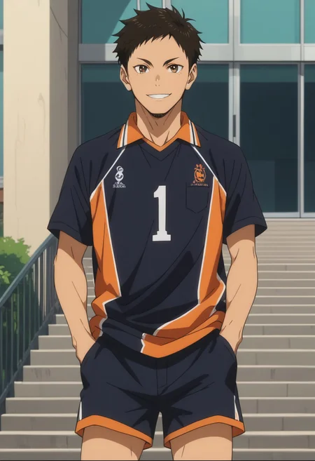 score_9, score_8_up, score_7_up, source_anime, rating_safe, Daikyu, 1boy, male focus, anime screencap, black Karasuno shirt, black Karasuno shorts, hands in pocket, smile, standing-posing, cut off legs,