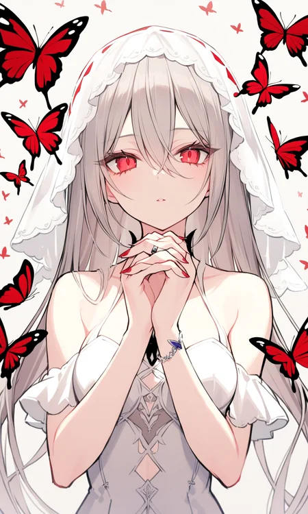 1girl, sensitive, solo, long hair, looking at viewer, red eyes, hair between eyes, bare shoulders, upper body, grey hair, parted lips, nail polish, ring, own hands together, bug, butterfly, veil, red nails