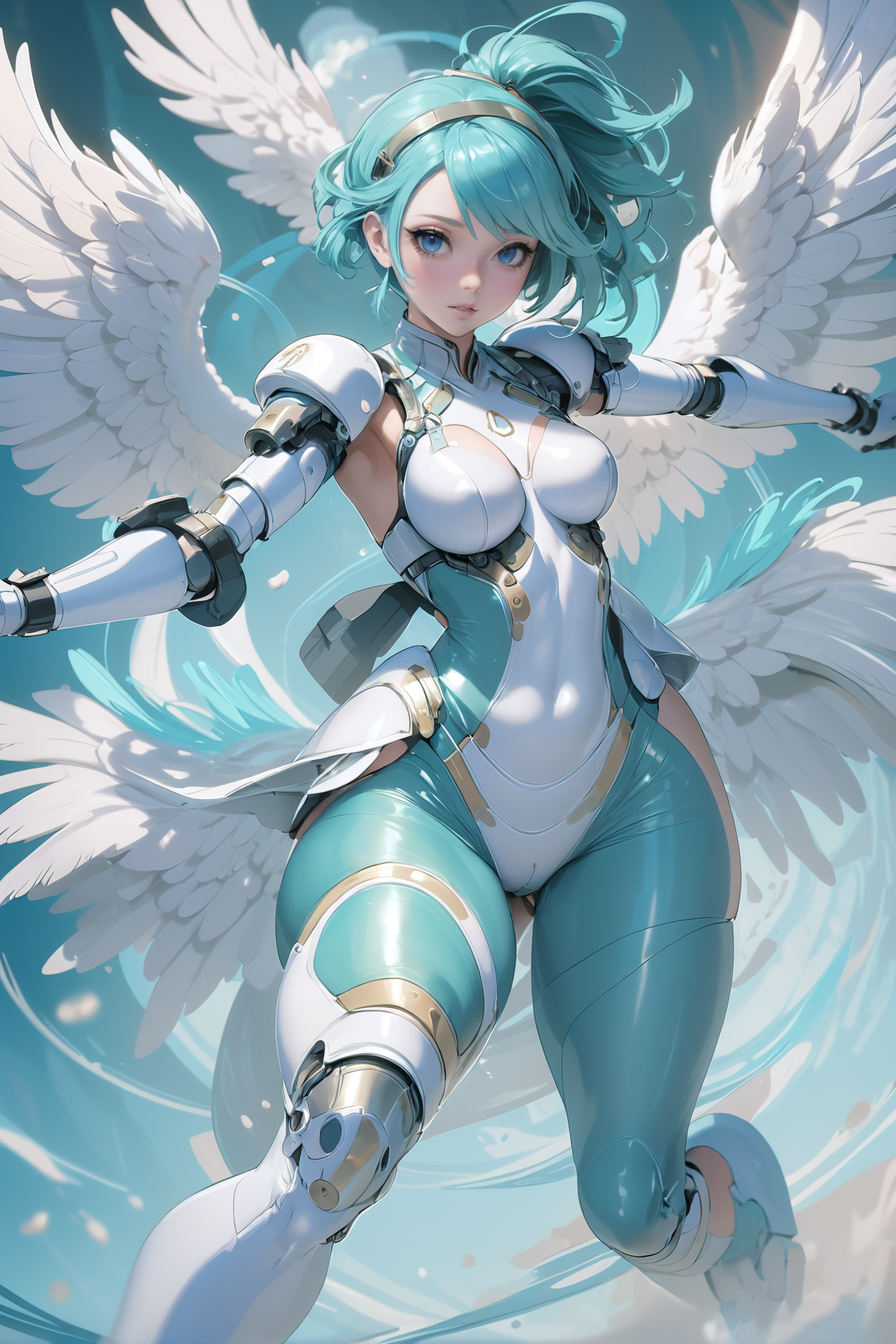 digital painting, action shot, 1girl, woman, (touching Equestrian:1.3) angel, [:intricate, revealing costume design,:0.2], bombshell hair, aqua hair, Tapered Cut,side ponytail, hourglass figure, caucasian<lora:EnvyActionShotXL01:0.7>
