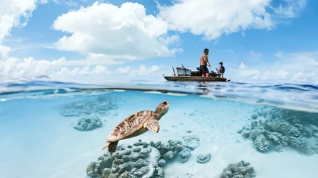 a turtle swimming over a coral reef under a blue sky with white clouds and a few small fish in the water, a man swimming in the ocean with a boat in the background and a boat in the water in the foreground <lora:Splitshot:1>