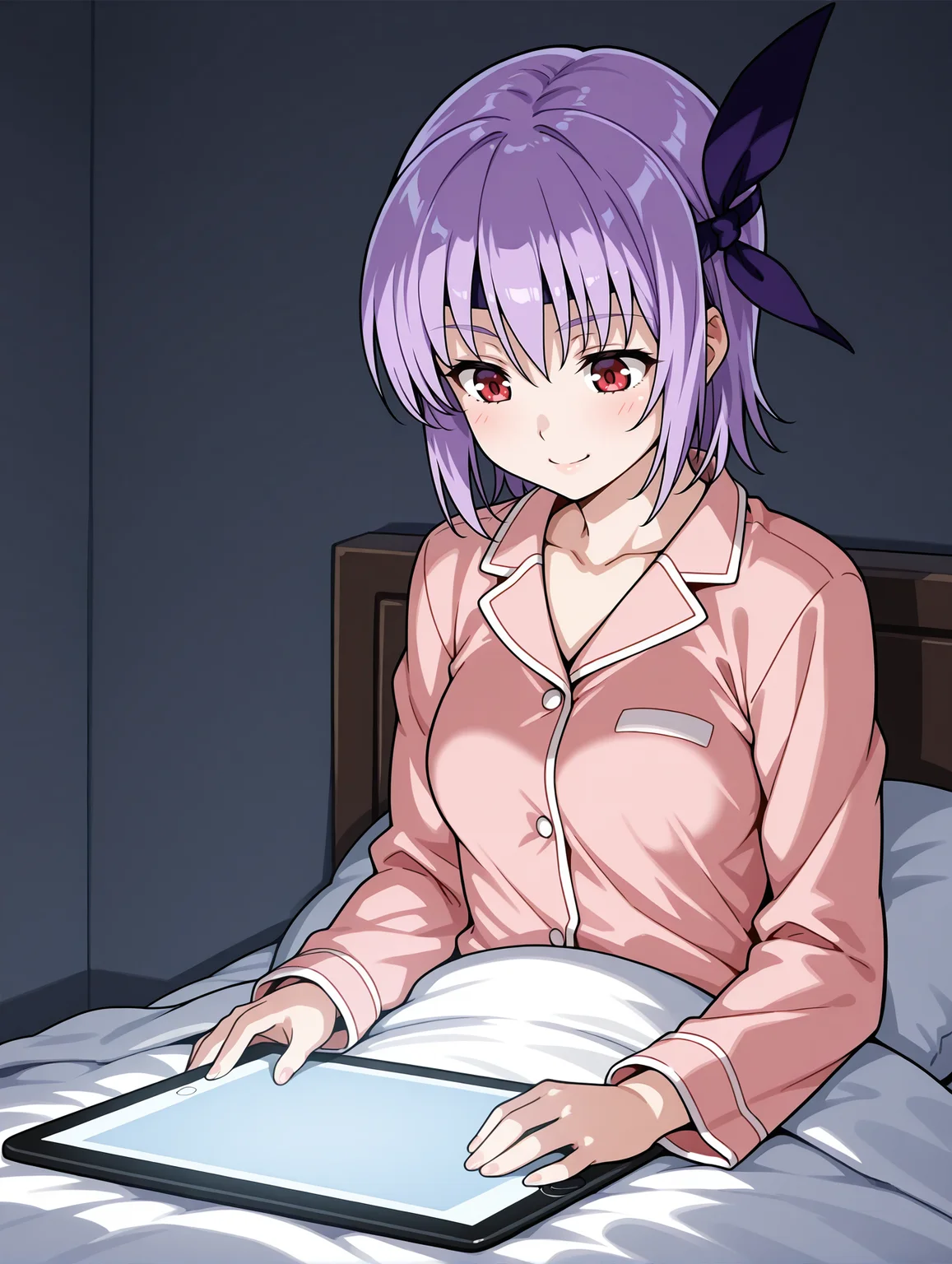 <lora:ayane-illustrious-000004:1> ayane, pajamas, under covers, smile, looking down, tablet pc
masterpiece, best quality