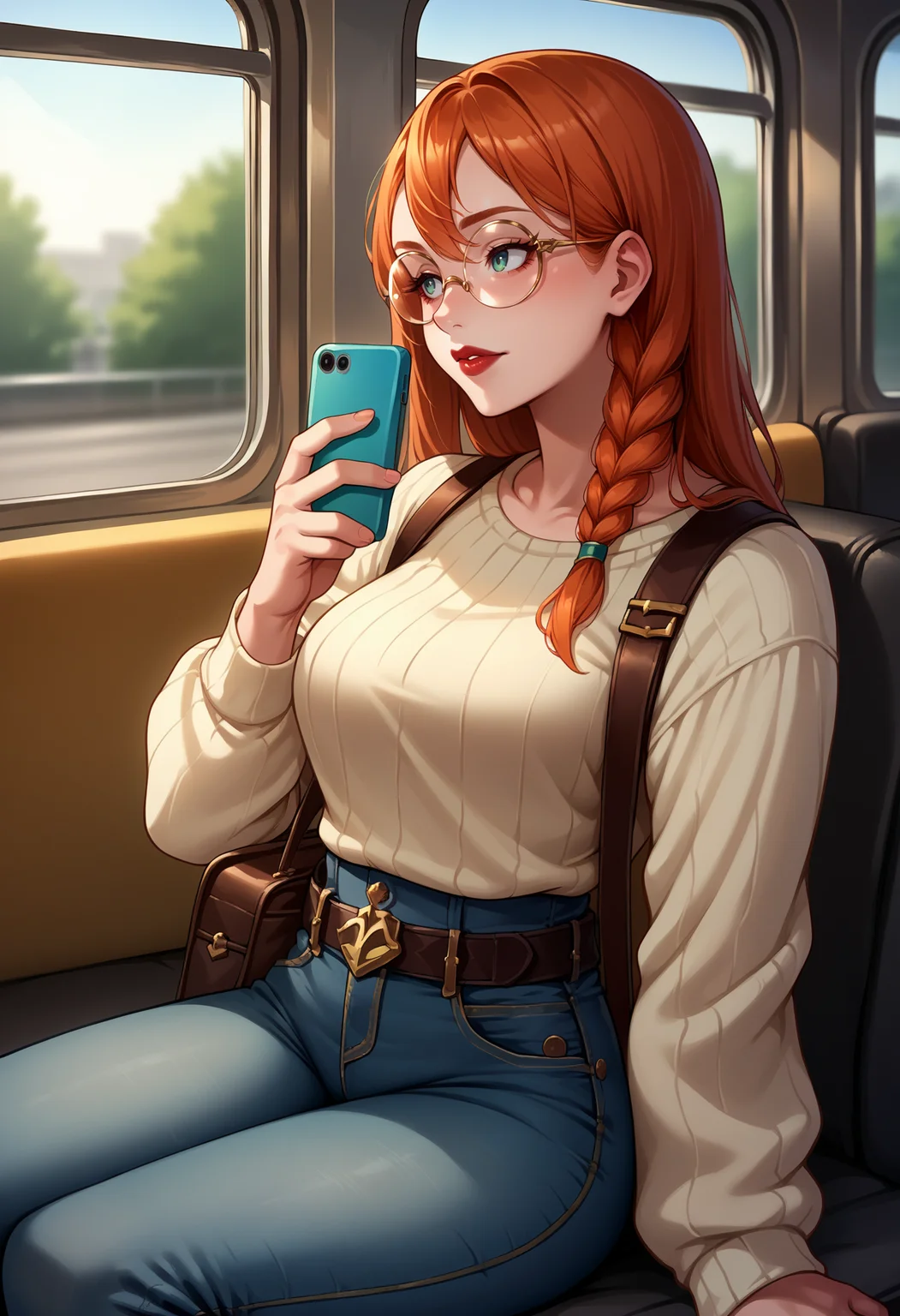 score_9, score_8_up,score_7_up, source_anime, rating_safe, 1girl, solo, <lora:EPmhrMinayle:1>, EPmhrMinayle, orange hair, long hair, braid,side braid, hair between eyes, red lips, medium breasts, sweater,tight clothing,sitting,subway,looking at phone,high-waist jeans,bag,belt,round-frame glasses
